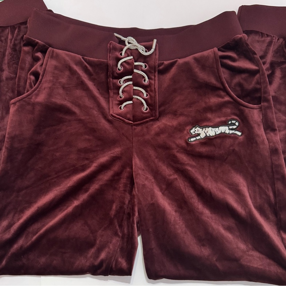 Le tigre Burgundy Velour Pants with rhinestone Tiger joggers sweatpants large